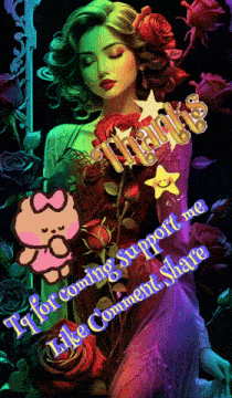a painting of a woman surrounded by roses with the words " thanks " above her