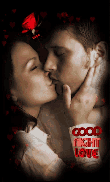 a picture of a man and woman kissing with the words good night love on the sleeve