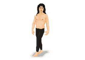 a pixel art drawing of a shirtless man with chinese writing