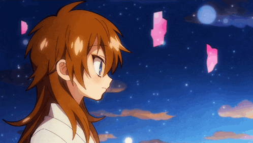 a girl with long red hair is looking at a blue sky