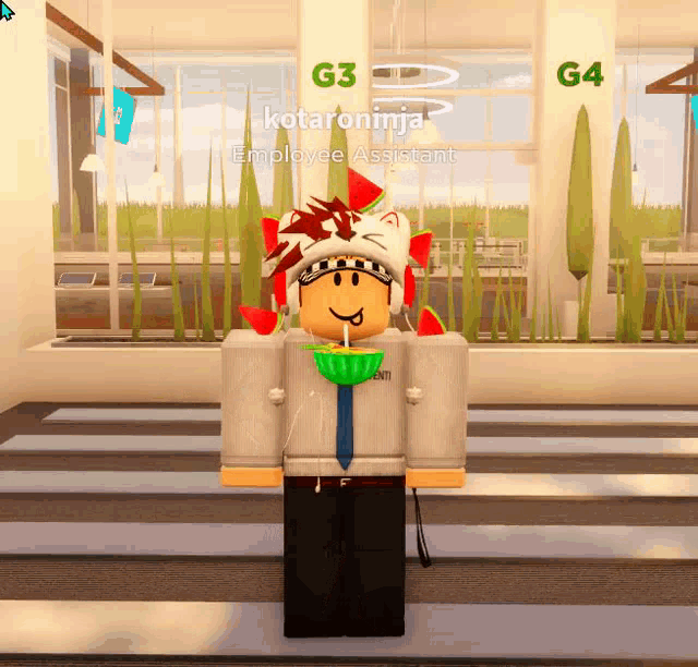 a roblox character is wearing a watermelon hat