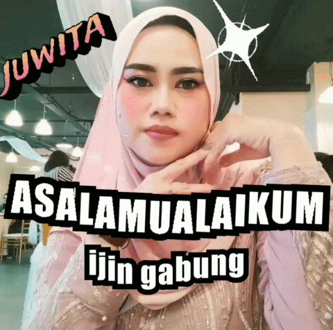 a woman wearing a pink hijab and a sign that says ' juwita assalamualaikum ijin gabung '
