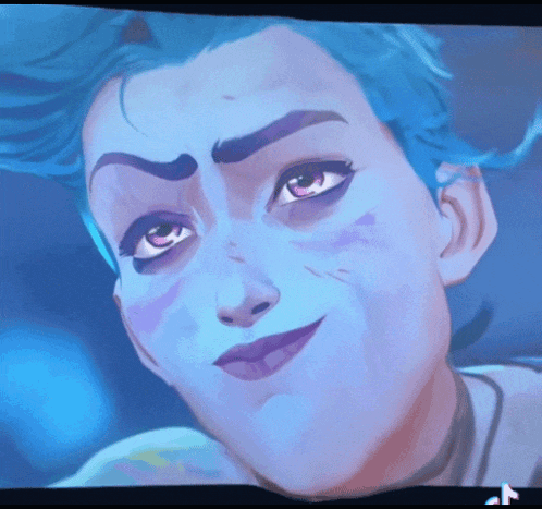 a close up of a woman 's face with blue hair and pink eyes