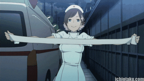 a nurse is holding a long piece of paper in front of an ambulance with the website ichiotaku.com in the corner