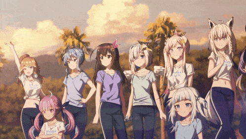 a group of anime girls standing next to each other with one wearing a t-shirt that says " tokyo city " on it