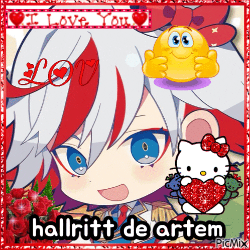 a picture of a hello kitty holding a heart with the words hallritt de artem