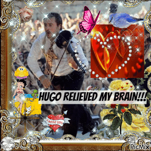 a picture of a man playing a violin with the words " hugo relieved my brain "