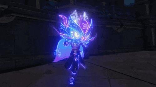 a video game character is glowing in the dark with a purple cape