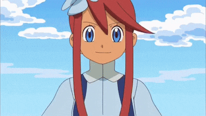 a cartoon girl with red hair and blue eyes stands in front of a blue sky