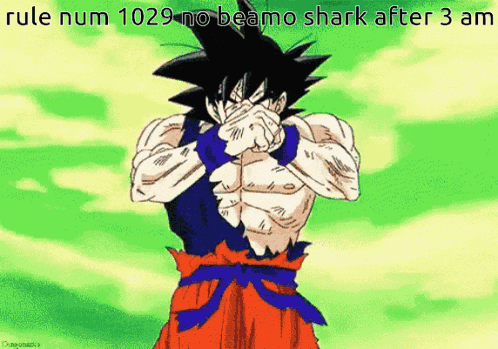 a cartoon of goku covering his face with his hands with the words rule num 10:29 no beamo shark after 3 am below him