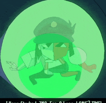 a cartoon drawing of a man in a green circle with the words " long time " on the bottom