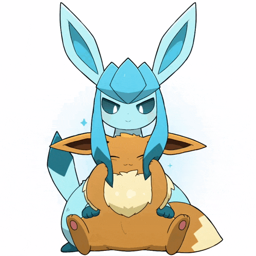 a cartoon drawing of a blue rabbit sitting on top of a brown eevee