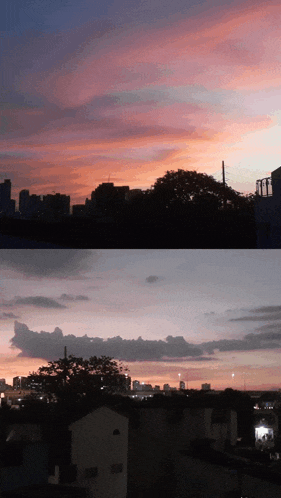 two pictures of a sunset over a city with buildings in the foreground