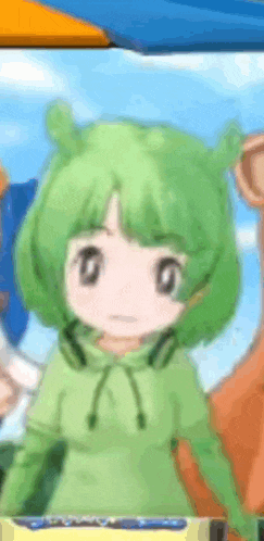 a girl with green hair is standing next to a camel in a blurry picture .