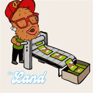 a cartoon of a man wearing glasses and a red hat standing next to a conveyor belt that says the land on it