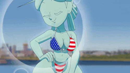 a cartoon of the statue of liberty wearing a bikini