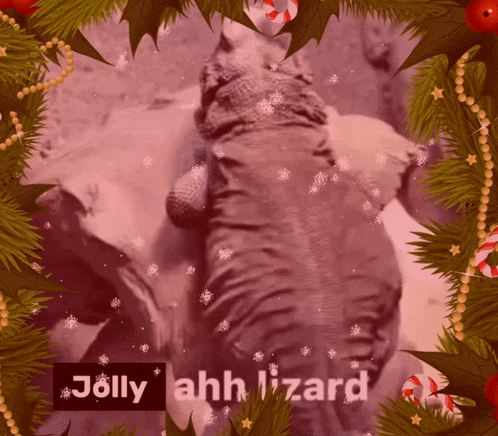 a christmas card with an elephant and the words jolly ahh lizard on it