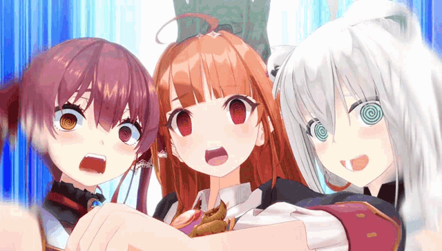 three anime girls are standing next to each other and one has a hypnotic look on her face