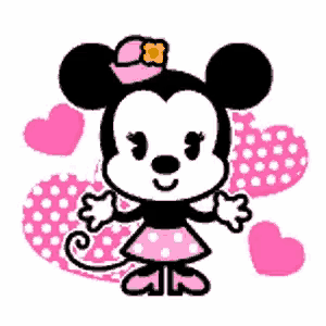 a cartoon of minnie mouse wearing a pink polka dot dress and hat .
