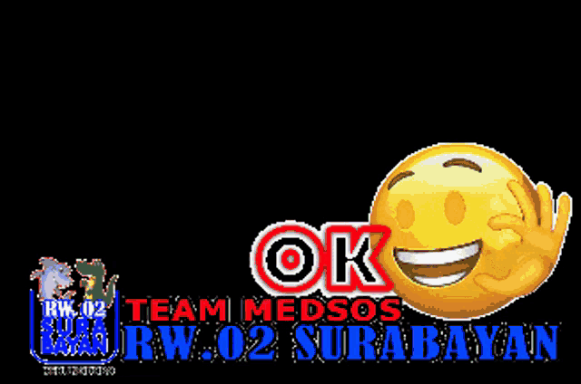 a yellow smiley face with purple eyes and the words ok team medsos rw 02 surabaya