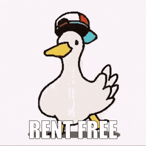 a cartoon duck wearing a hat and the words rent free