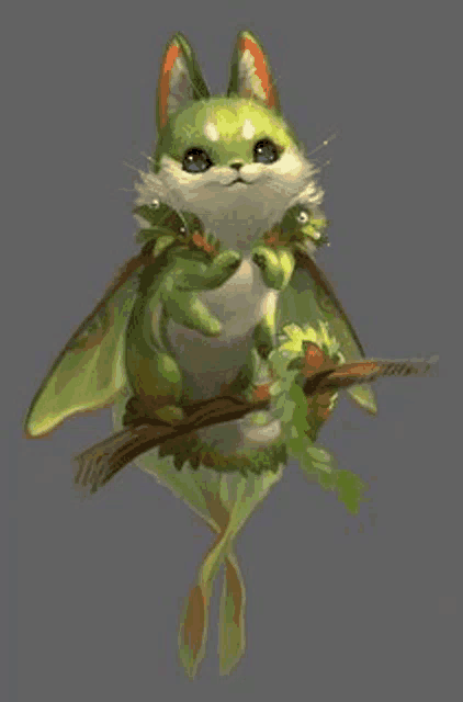 a green and white cat is sitting on a tree branch .