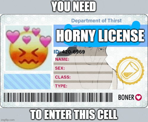 a license that says horny license on it