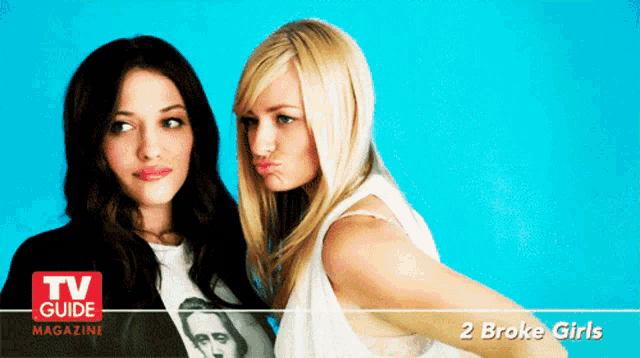 two blonde women standing next to each other in front of a blue background with the title 2 broke girls