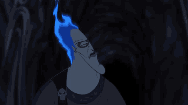 a cartoon character with blue hair and a skull on his back