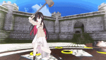 a girl in a white dress is holding an axe in front of a brick wall