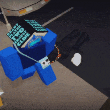 a blue robot is holding a box of milk