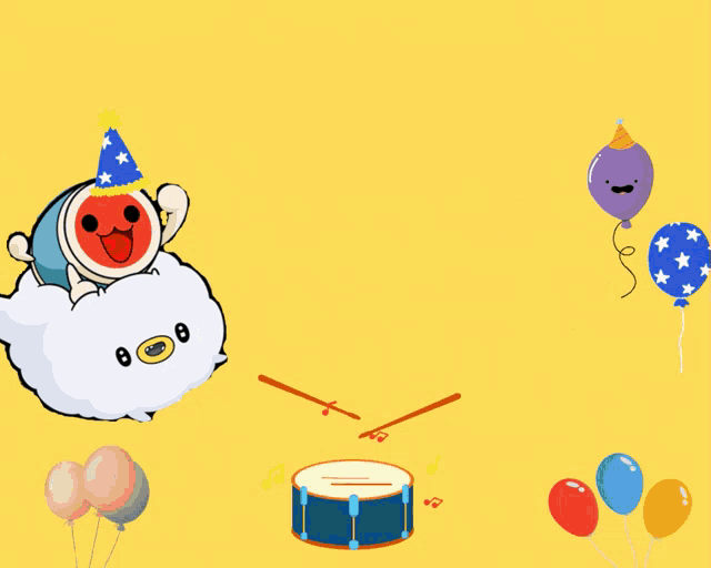 a yellow background with balloons and the words happy monthhsary d'taiko music family