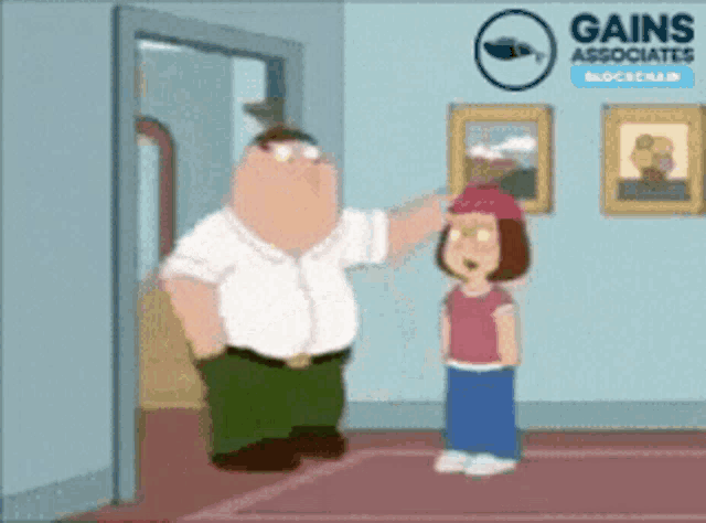 a cartoon of peter griffin and meg standing next to each other with gains associates in the background