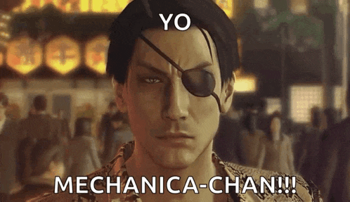a man with an eye patch on his eye is standing in front of a crowd and says yo mechanica-chan .