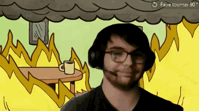 a man wearing headphones is smiling in front of a cartoon background that says faire tourner 90