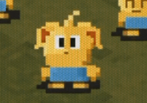 a pixel art drawing of a dog with a blue shirt