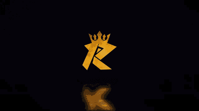 a gold letter r with a crown is on a dark background