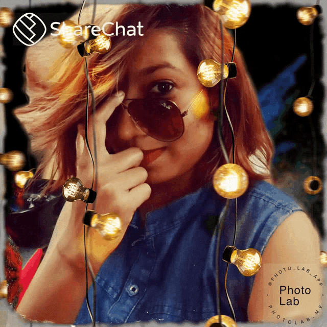 a woman wearing sunglasses is surrounded by strings of lights and a sharechat icon