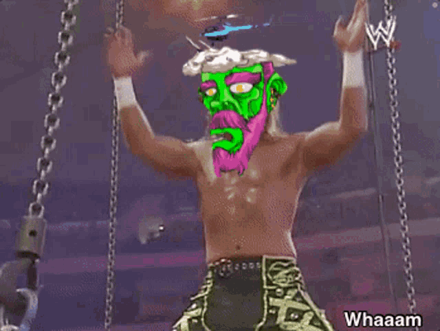 a cartoon of a wrestler with a green face and a purple beard