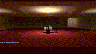 a stick figure is standing on a red carpeted floor