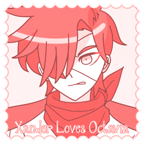 a drawing of a boy with red hair and the words xander loves octavia below him