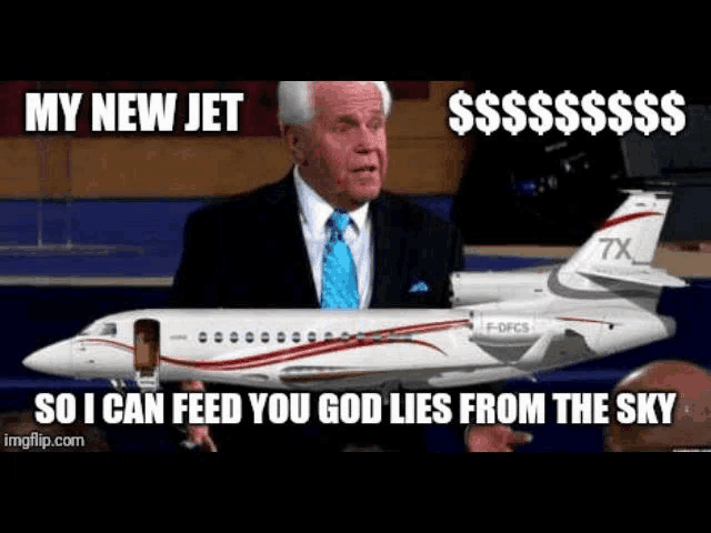 a man in a suit and tie is standing next to a model airplane with the caption " my new jet " .