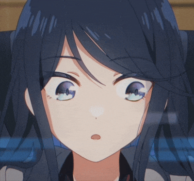 a close up of a anime girl 's face with blue eyes
