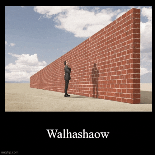 a man in a suit is standing in front of a brick wall and his shadow is cast on the wall