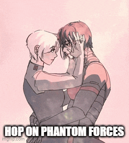 a drawing of a man and woman hugging with the words hop on phantom forces below them