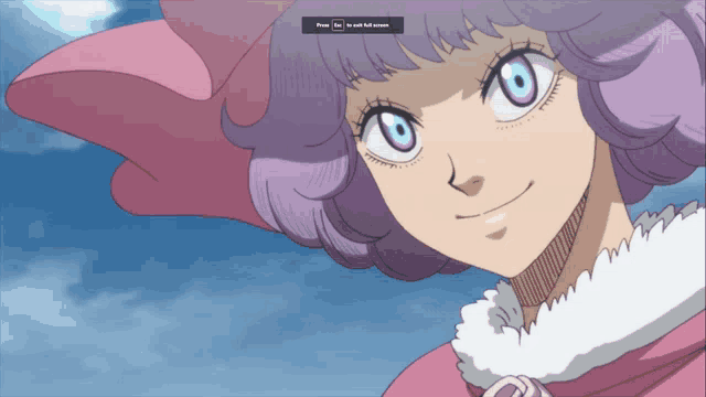a girl with purple hair and blue eyes is smiling with a screen that says " press " on it