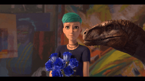 a girl with green hair is holding a bouquet of blue roses