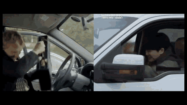 a man is sitting in a car next to another man in a van
