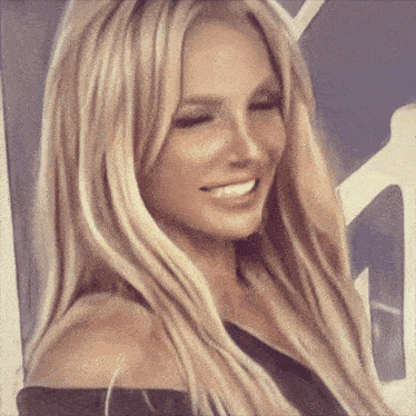 a woman with blonde hair is smiling and looking at the camera