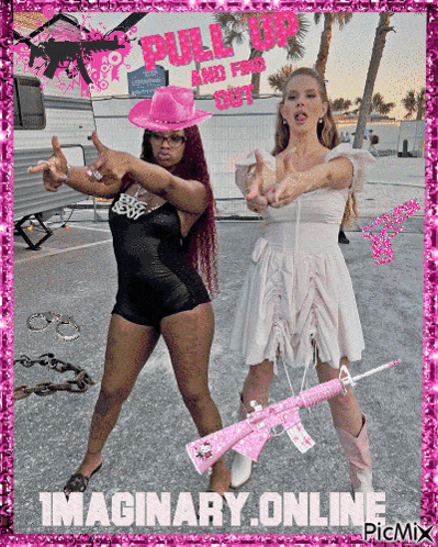 a picture of two women with guns and the words imaginary.online on the bottom